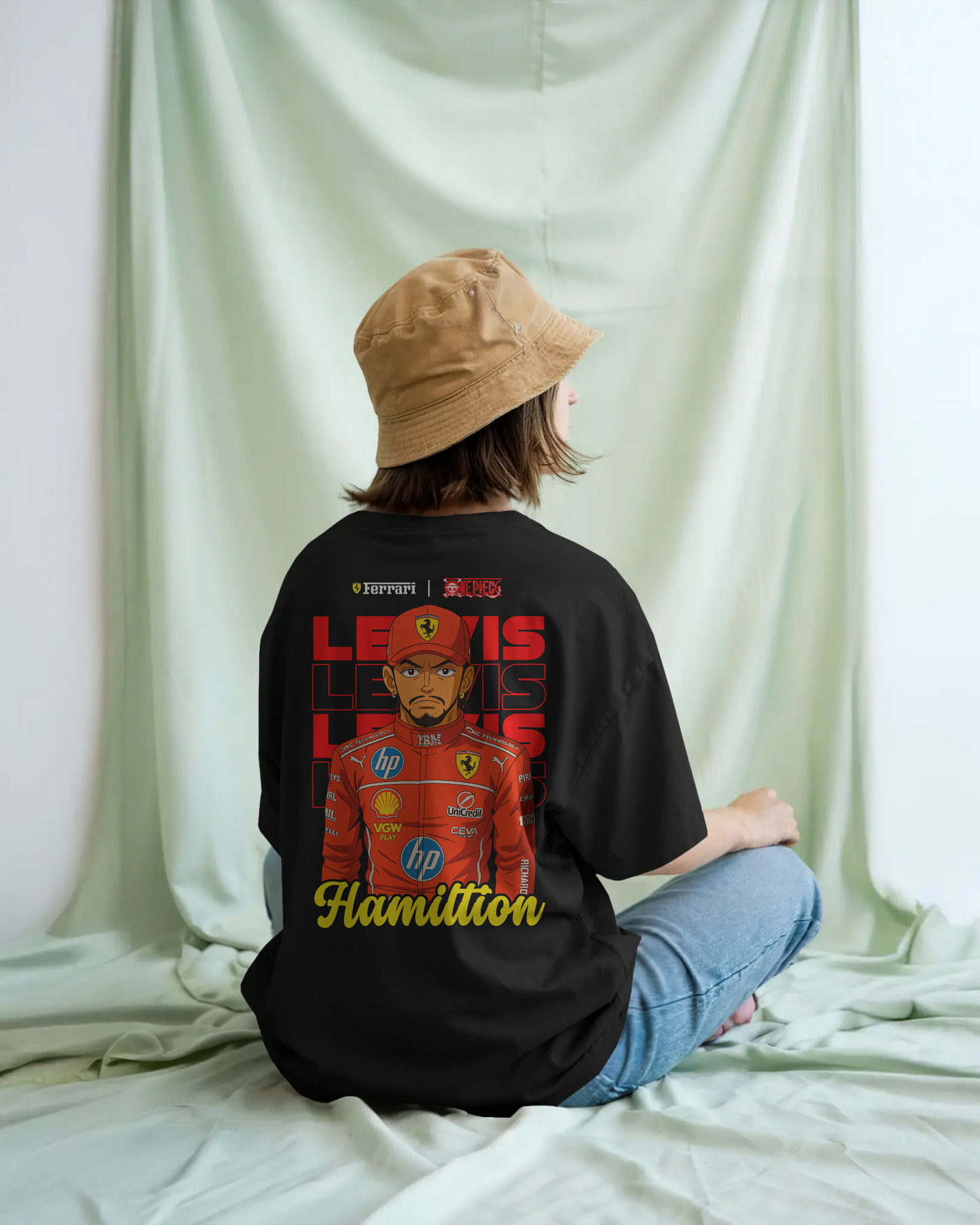 Premium Hamilton × Ferrari × One Piece Oversized Unisex T-Shirt – Speed Meets Straw Hat Spirit
